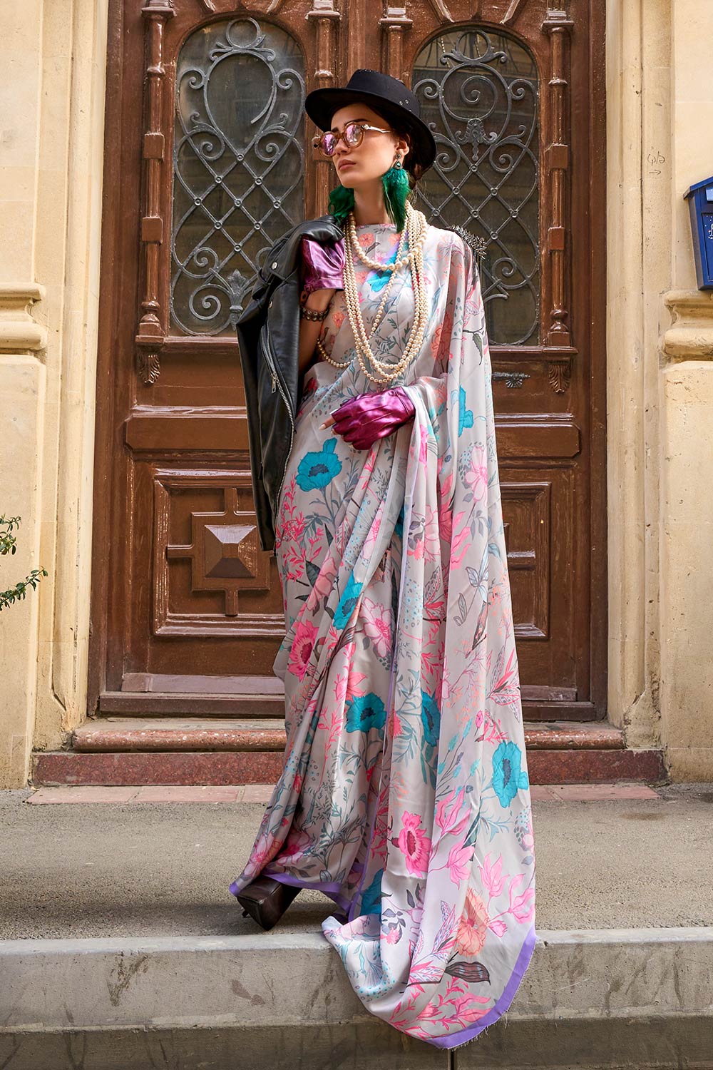 Mona Off White Printed Georgette Satin One Minute Saree