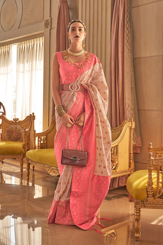 Dalila Coral Pink Satin Woven Ready to Wear One Minute Saree
