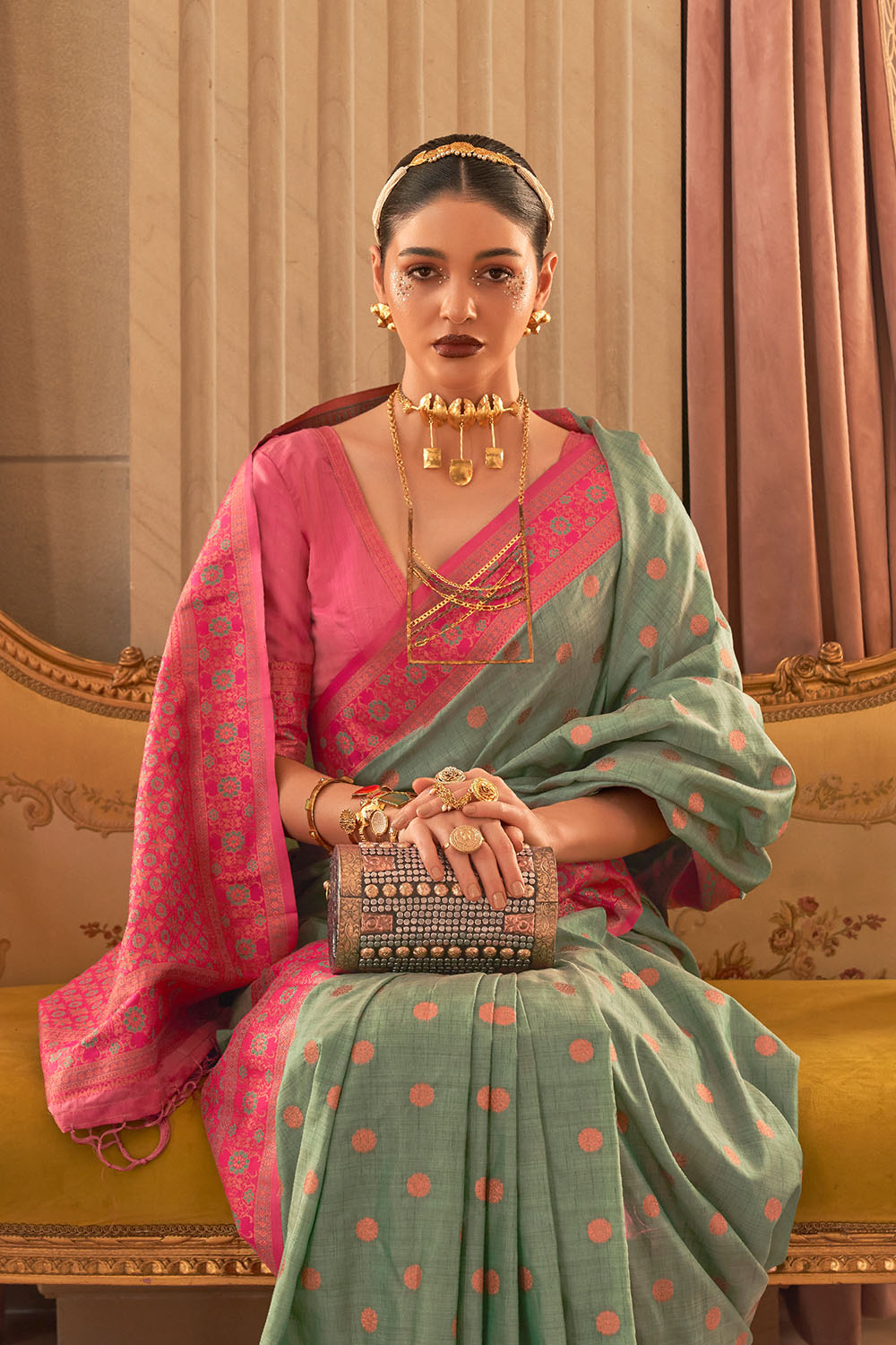 Dalila Green Satin Woven Ready to Wear One Minute Saree