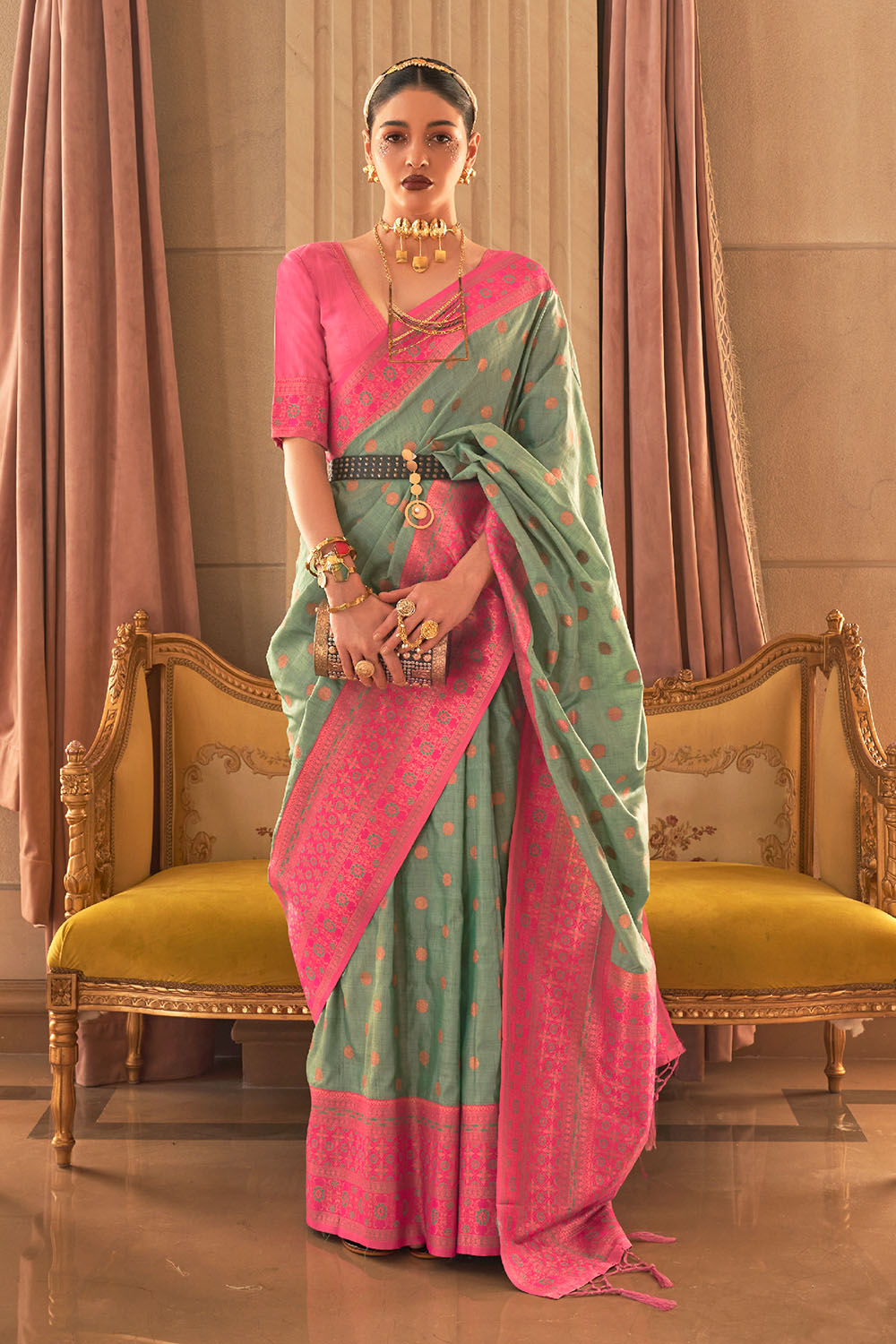 Dalila Green Satin Woven Ready to Wear One Minute Saree