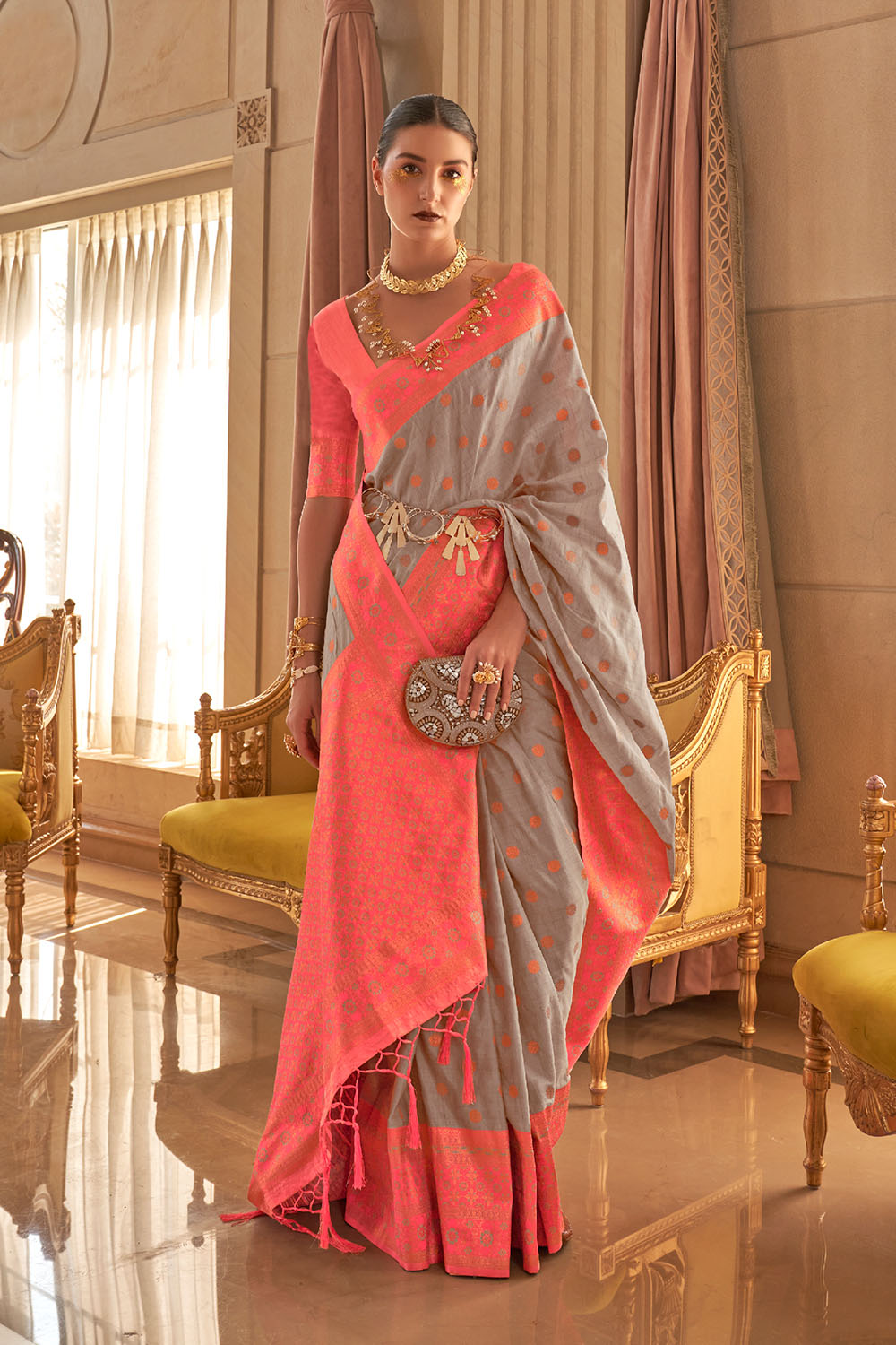 Dalila Grey Satin Woven Ready to Wear One Minute Saree