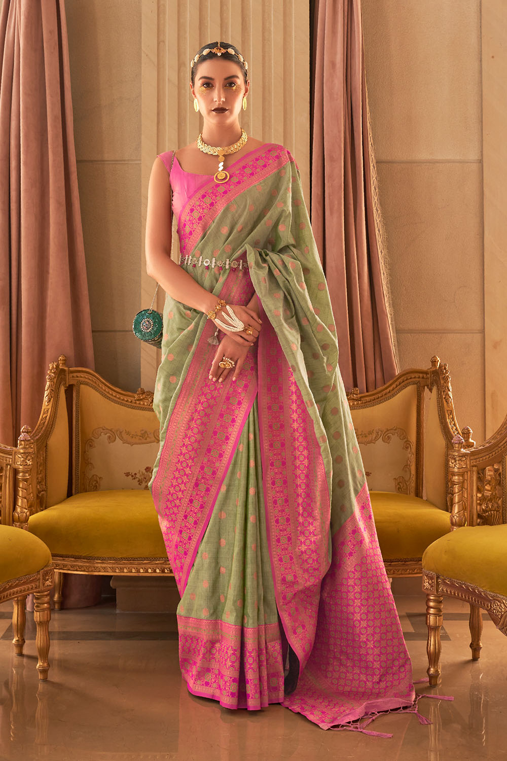 Dalila Green Satin Woven Ready to Wear One Minute Saree