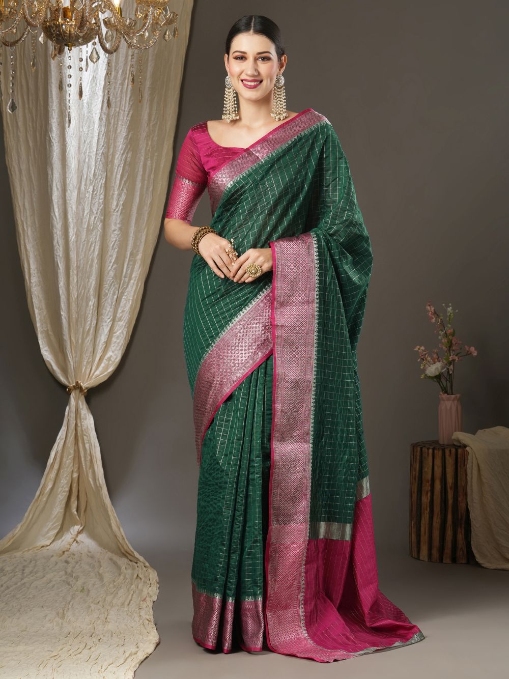 Aura Green & Magenta Silk Jacquard One Minute Saree