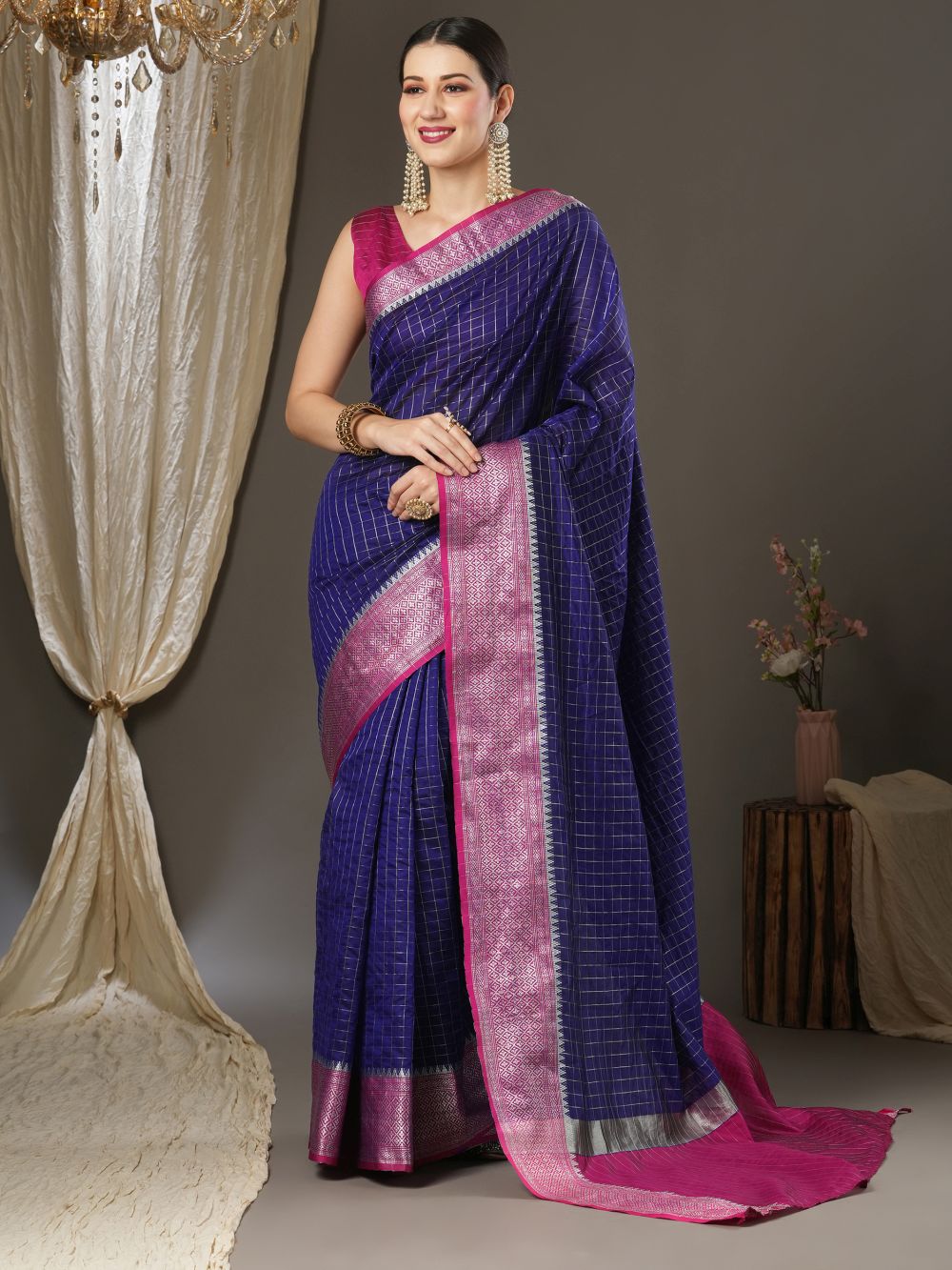 Aura Blue & Magenta Silk Jacquard One Minute Saree