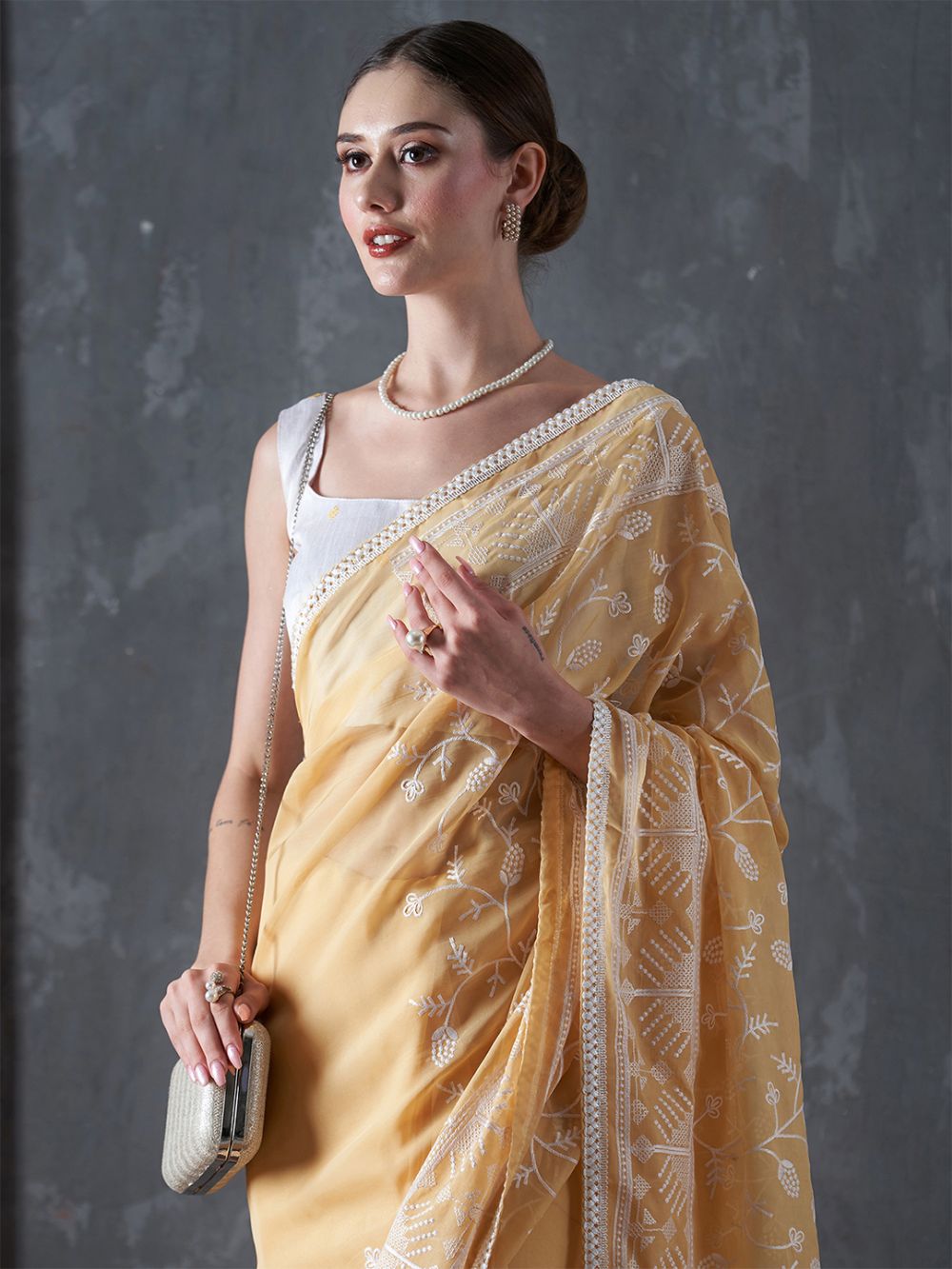 Kavi Yellow Organza Lace One Minute Saree