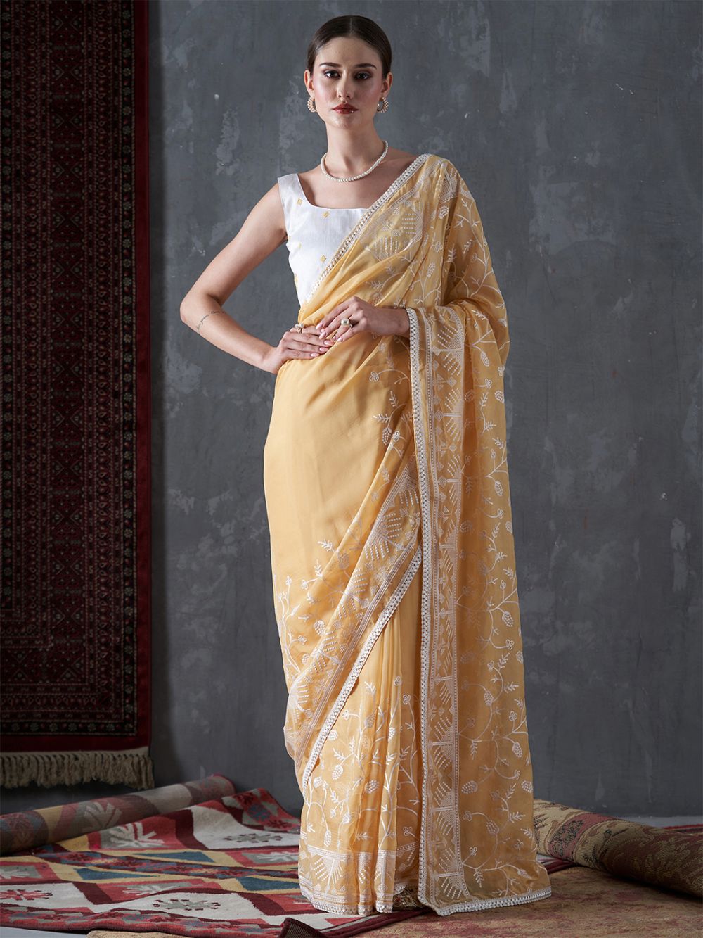 Kavi Yellow Organza Lace One Minute Saree