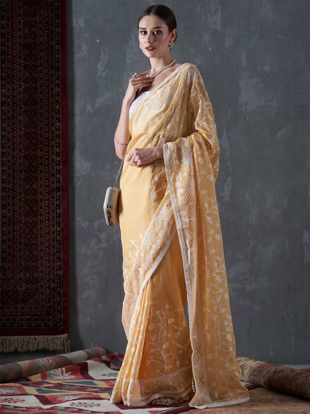 Kavi Yellow Organza Lace One Minute Saree