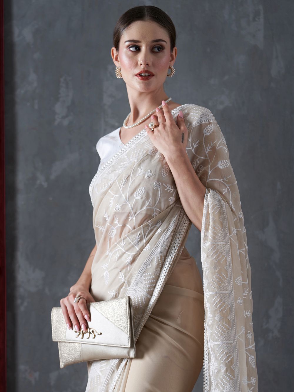 Kavi Beige Organza Lace One Minute Saree