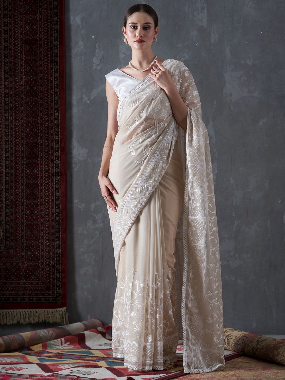 Kavi Beige Organza Lace One Minute Saree