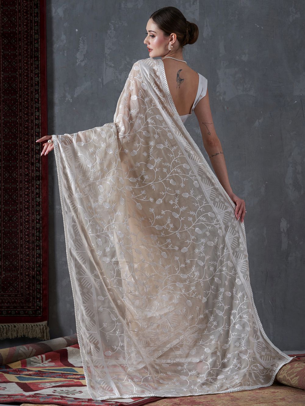 Kavi Beige Organza Lace One Minute Saree