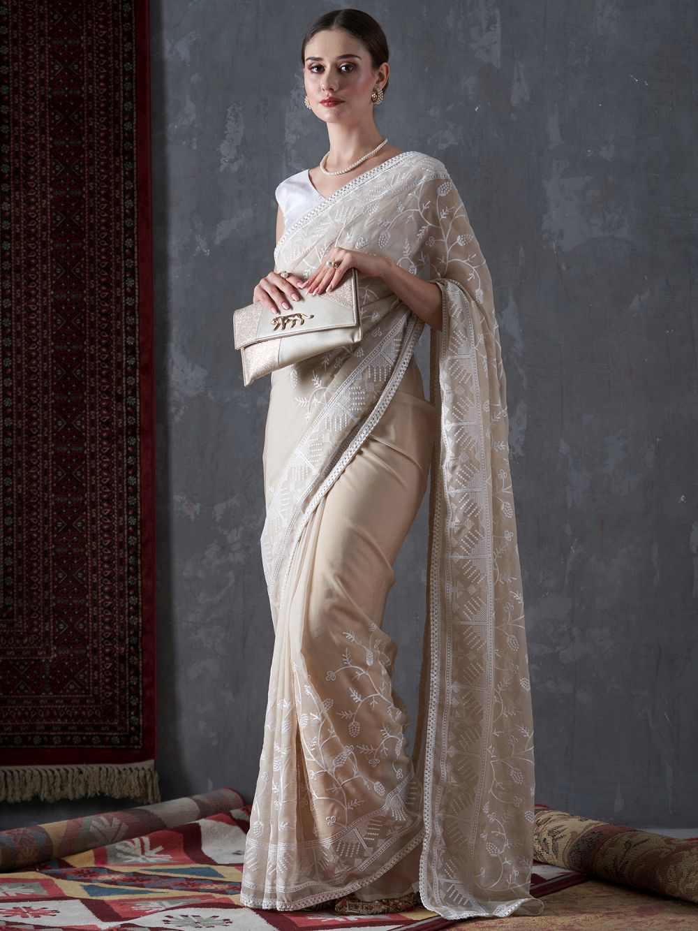 Kavi Beige Organza Lace One Minute Saree