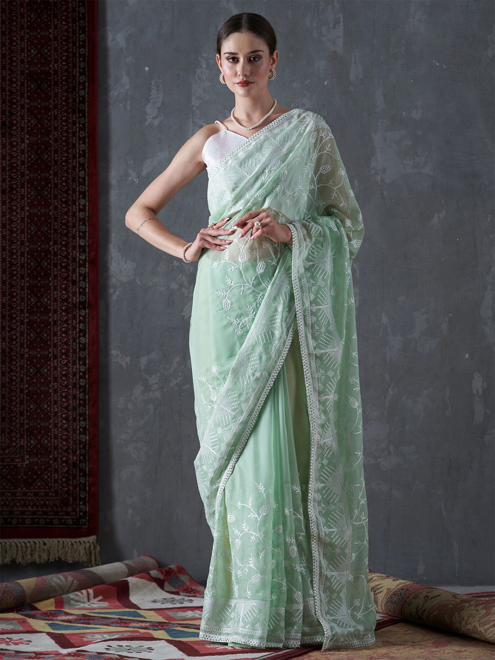 Kavi Turquoise Organza Lace One Minute Saree