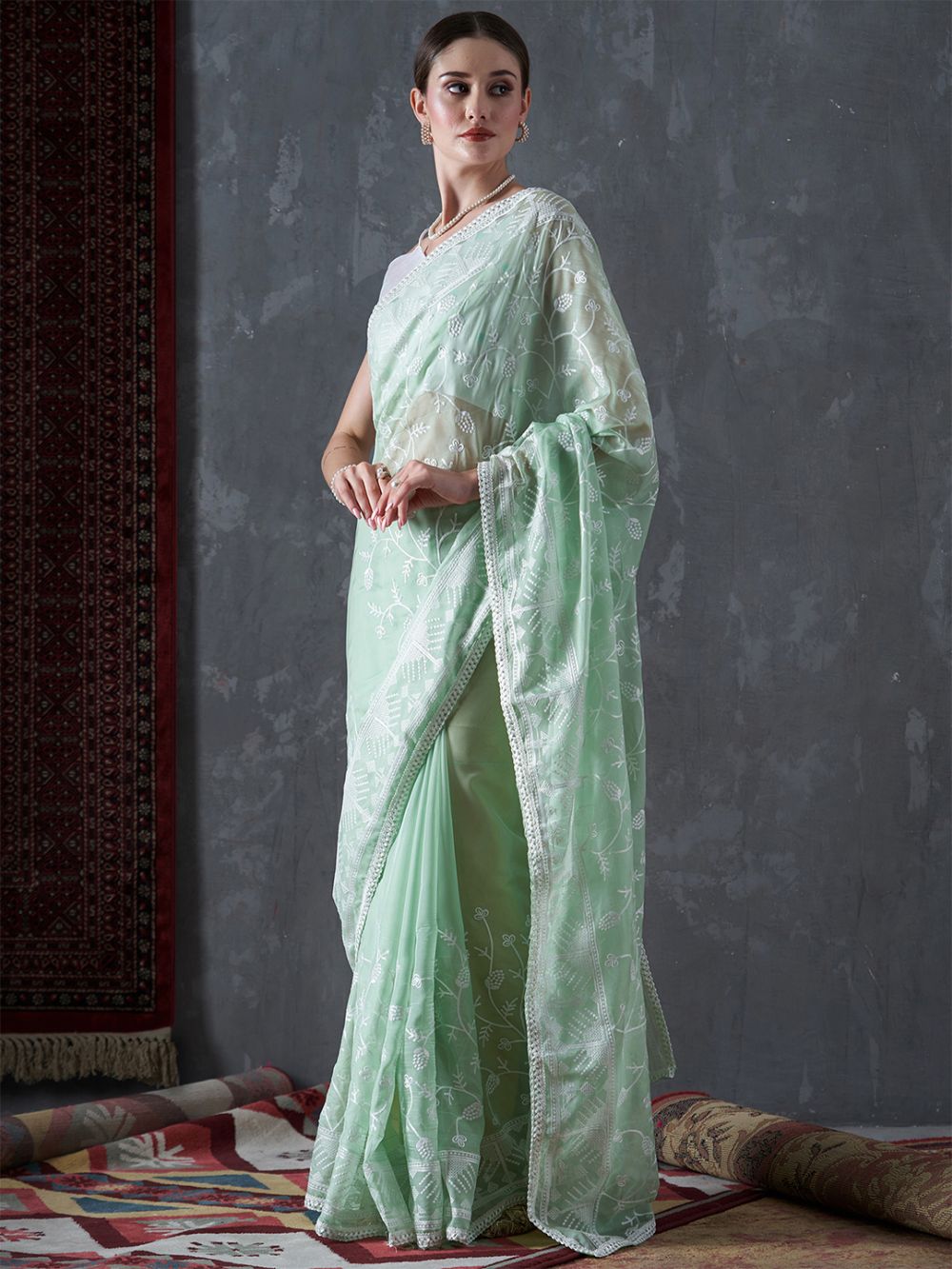 Kavi Turquoise Organza Lace One Minute Saree