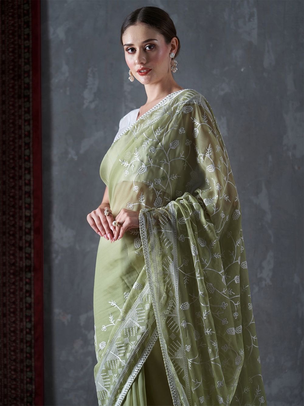 Kavi Olive Organza Lace One Minute Saree