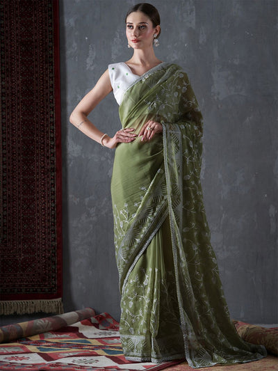 Kavi Olive Organza Lace One Minute Saree