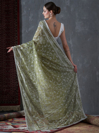 Kavi Olive Organza Lace One Minute Saree