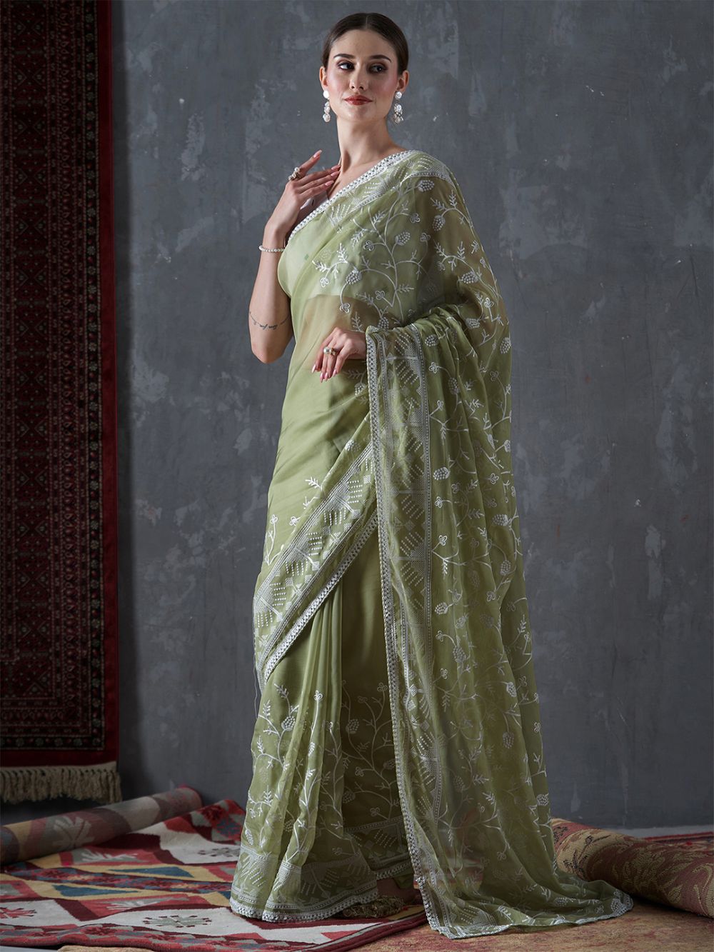 Kavi Olive Organza Lace One Minute Saree