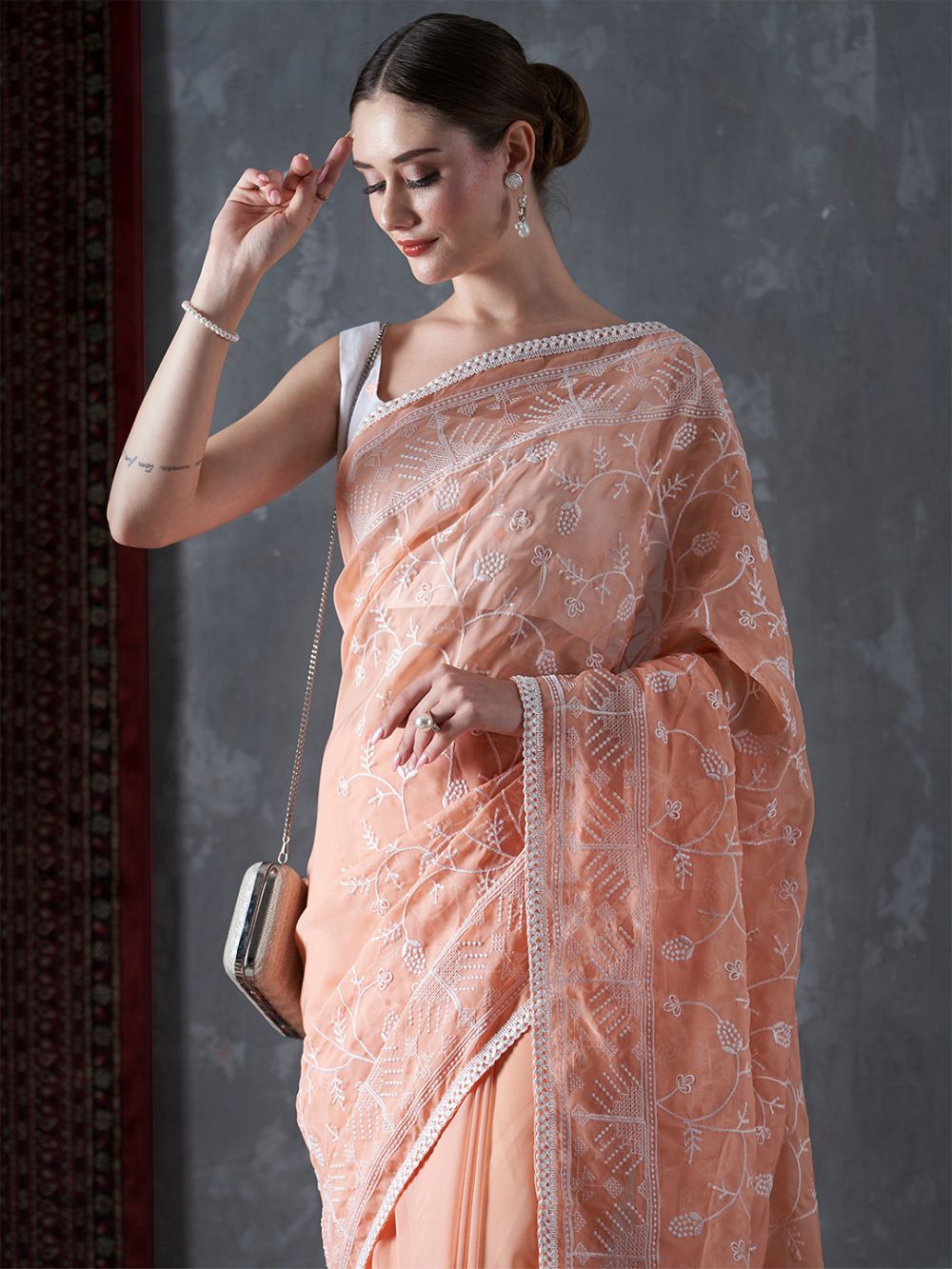 Kavi Orange Organza Lace One Minute Saree