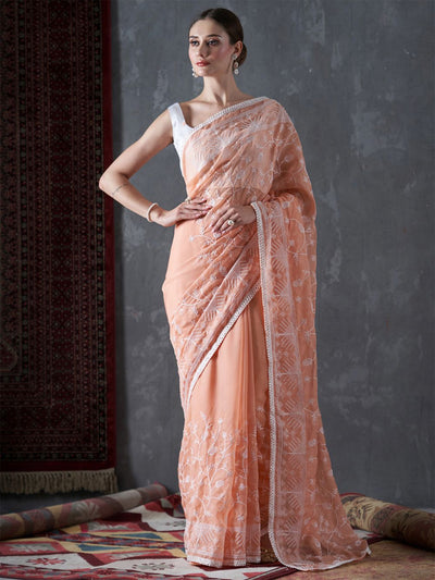 Kavi Orange Organza Lace One Minute Saree