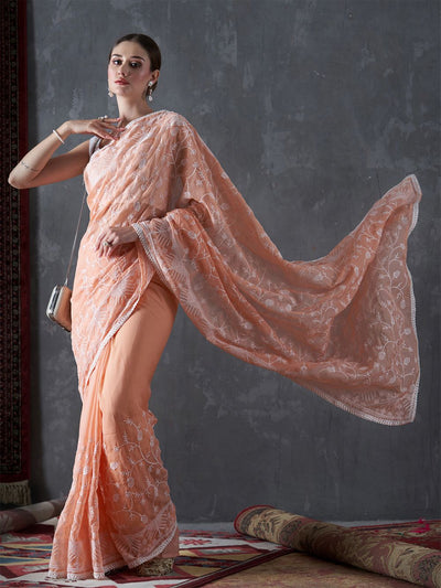 Kavi Orange Organza Lace One Minute Saree