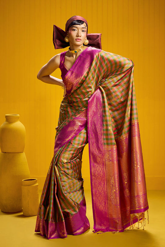 Rubia Magenta &amp; Olive Pure Silk Handloom Zari Checkered Ready to Wear Saree