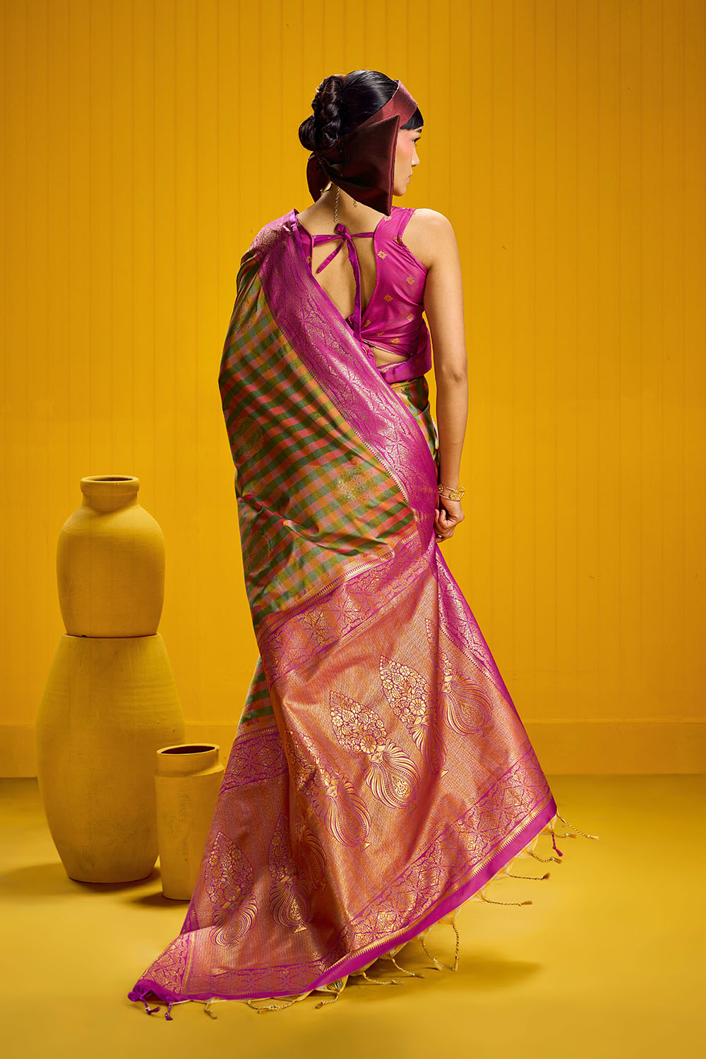 Rubia Magenta &amp; Olive Pure Silk Handloom Zari Checkered Ready to Wear Saree