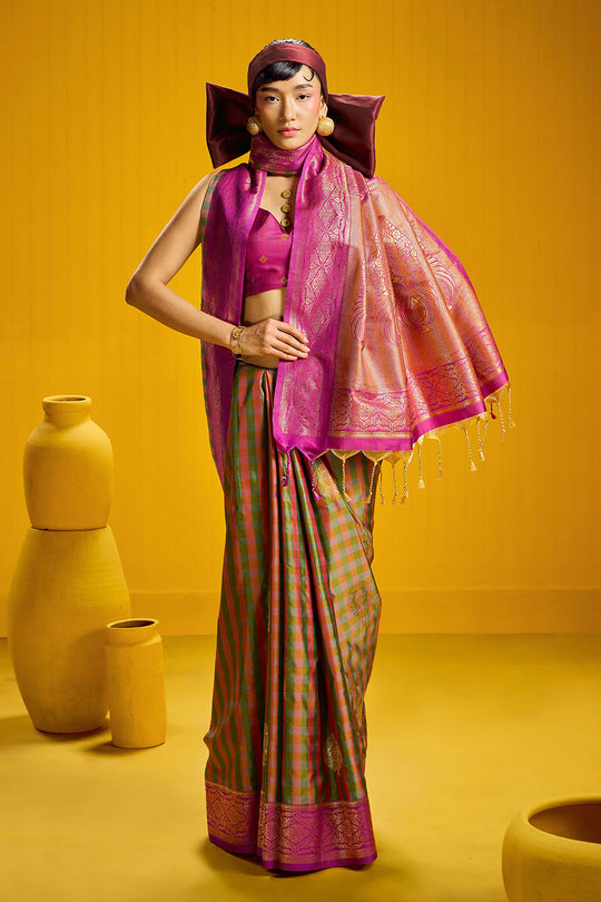 Rubia Magenta &amp; Olive Pure Silk Handloom Zari Checkered Ready to Wear Saree