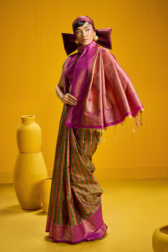 Rubia Magenta &amp; Olive Pure Silk Handloom Zari Checkered Ready to Wear Saree