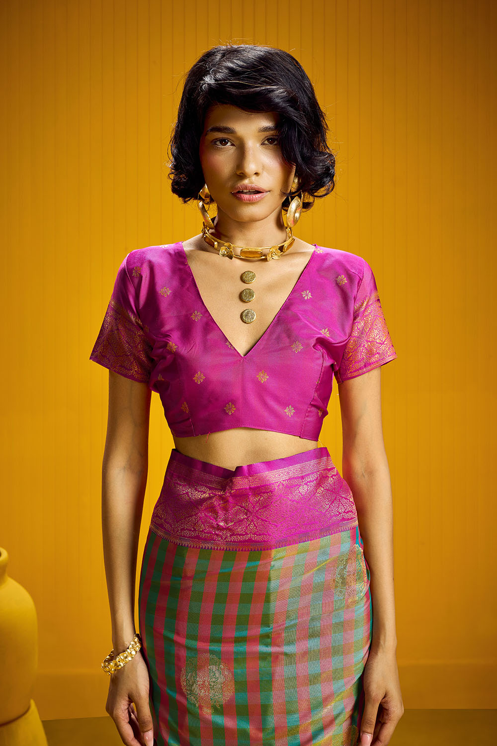 Rubia Pink &amp; Green Pure Silk Handloom Zari Checkered Ready to Wear Saree