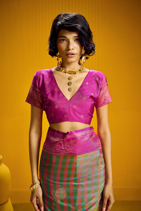 Rubia Pink &amp; Green Pure Silk Handloom Zari Checkered Ready to Wear Saree