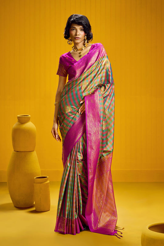 Rubia Pink &amp; Green Pure Silk Handloom Zari Checkered Ready to Wear Saree
