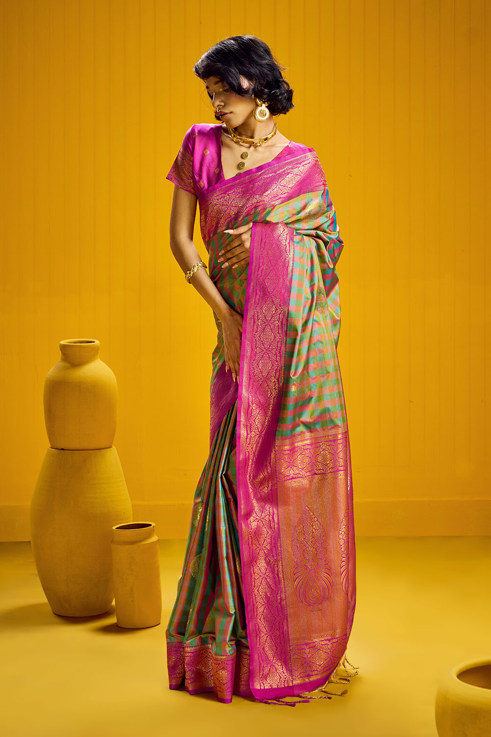 Rubia Pink &amp; Green Pure Silk Handloom Zari Checkered Ready to Wear Saree