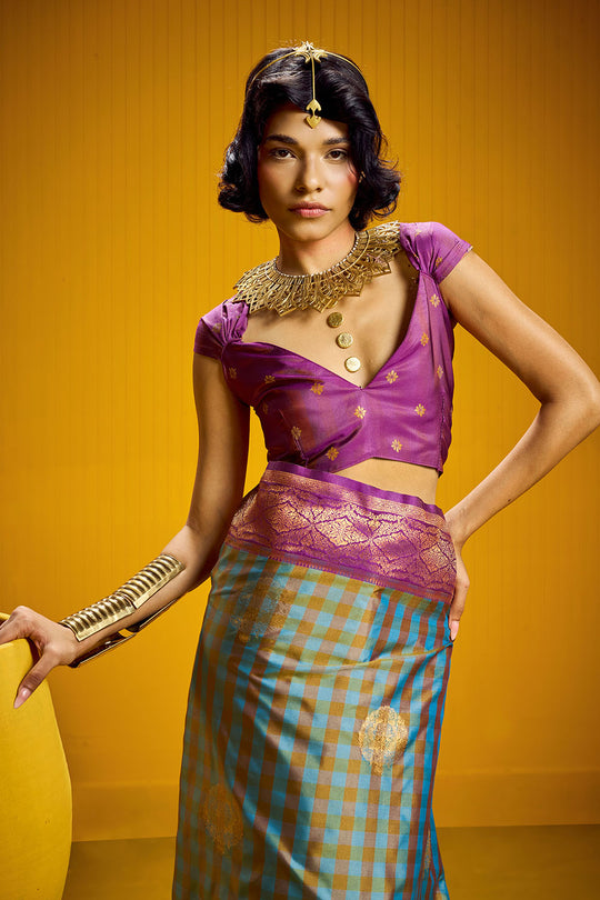 Rubia Purple &amp; Teal Pure Silk Handloom Zari  Checkered Ready to Wear Saree