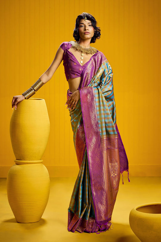 Rubia Purple &amp; Teal Pure Silk Handloom Zari  Checkered Ready to Wear Saree