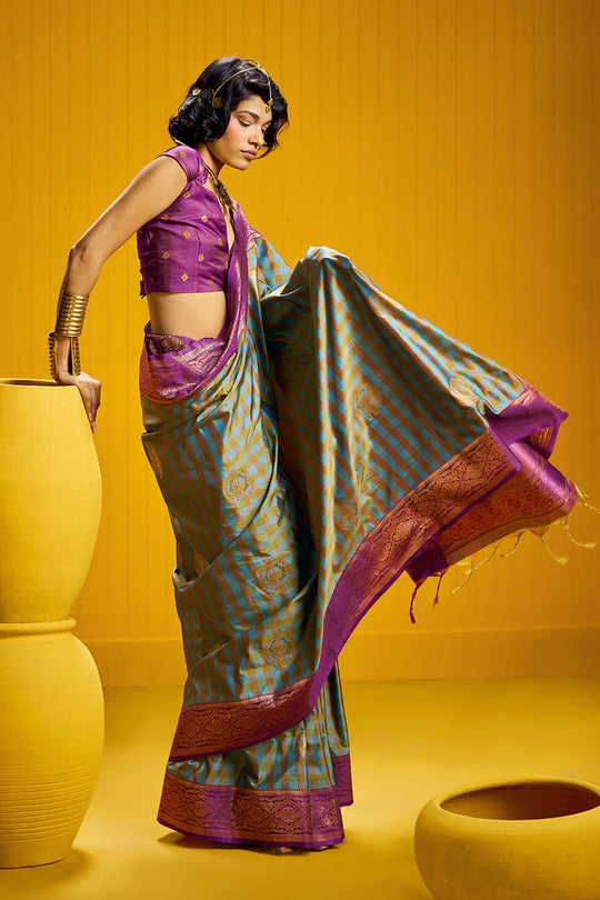 Rubia Purple &amp; Teal Pure Silk Handloom Zari  Checkered Ready to Wear Saree