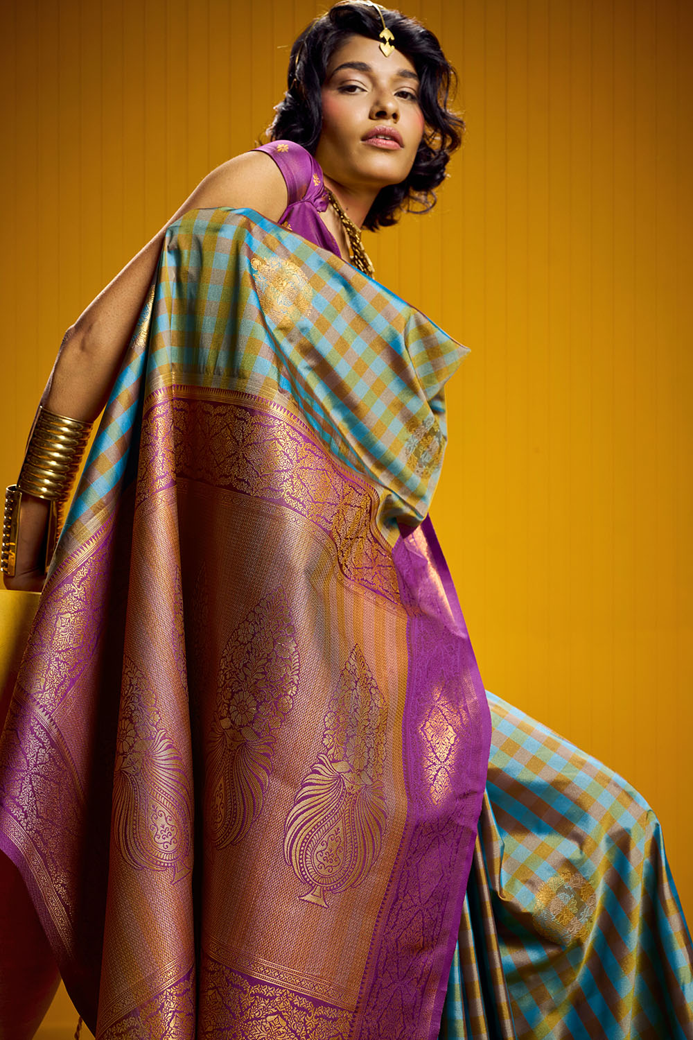 Rubia Purple &amp; Teal Pure Silk Handloom Zari  Checkered Ready to Wear Saree