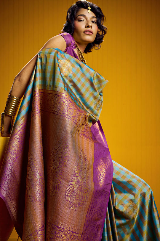 Rubia Purple &amp; Teal Pure Silk Handloom Zari  Checkered Ready to Wear Saree