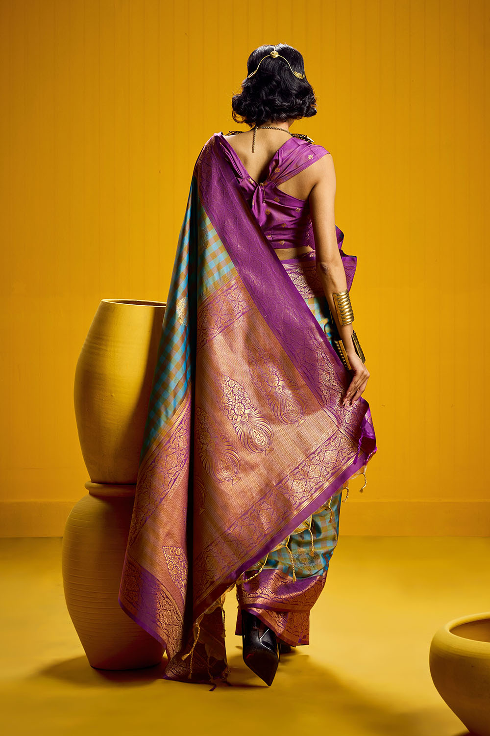 Rubia Purple &amp; Teal Pure Silk Handloom Zari  Checkered Ready to Wear Saree