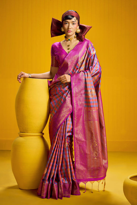Rubia Pink &amp; Blue Pure Silk Handloom Zari Checkered Ready to Wear Saree