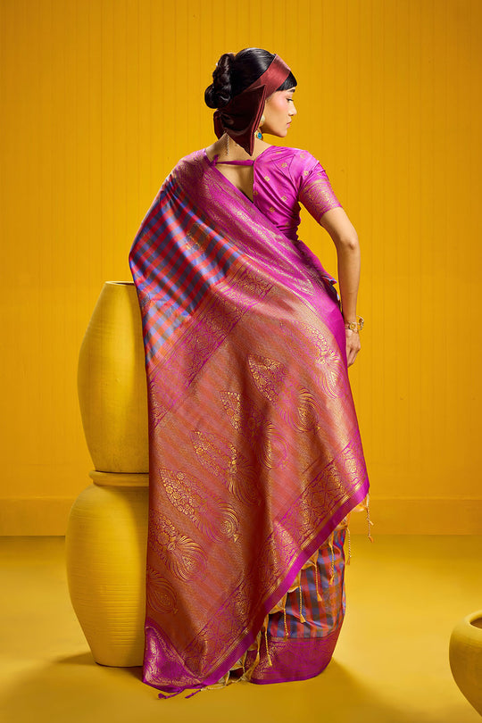 Rubia Pink &amp; Blue Pure Silk Handloom Zari Checkered Ready to Wear Saree