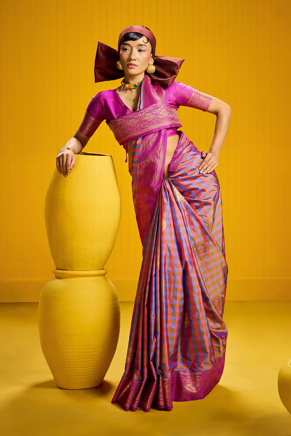 Rubia Pink &amp; Blue Pure Silk Handloom Zari Checkered Ready to Wear Saree