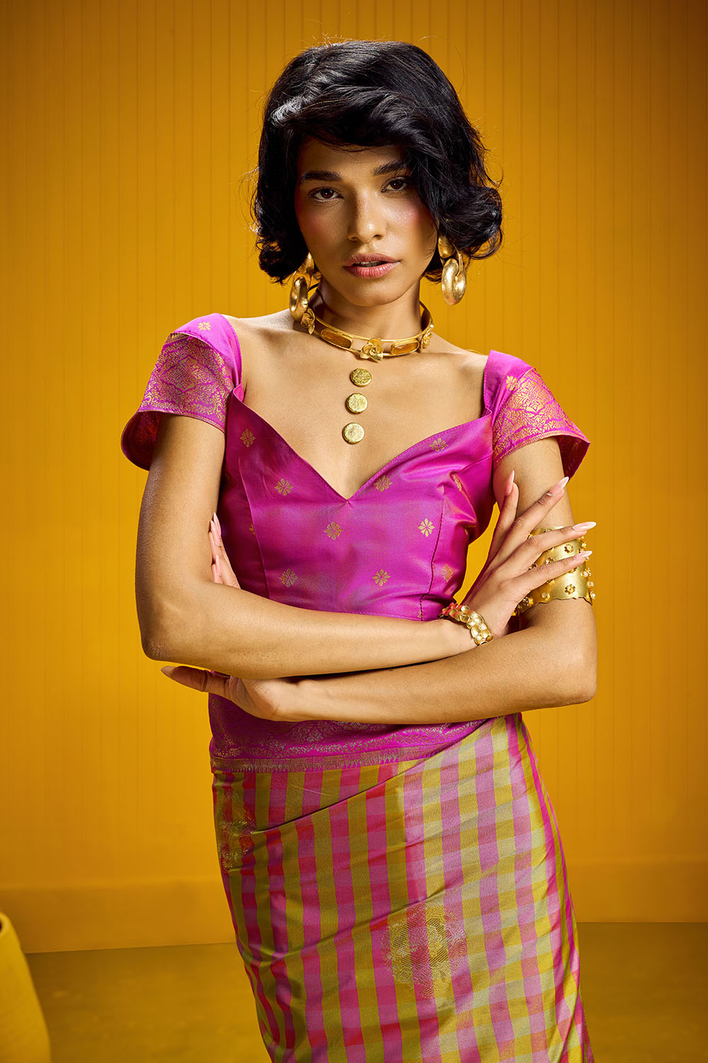 Rubia Rani Pink &amp; Gold Pure Silk Handloom Zari Checkered Ready to Wear Saree