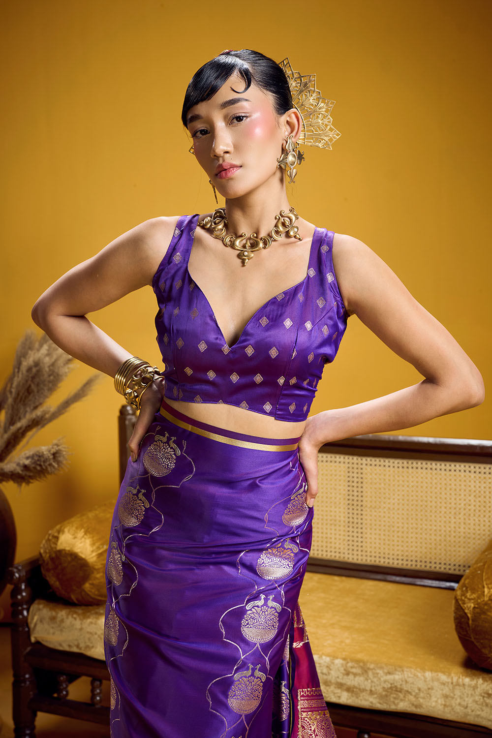 Vama Royal Purple Pure Satin Handloom Weaving Ready to Wear Saree
