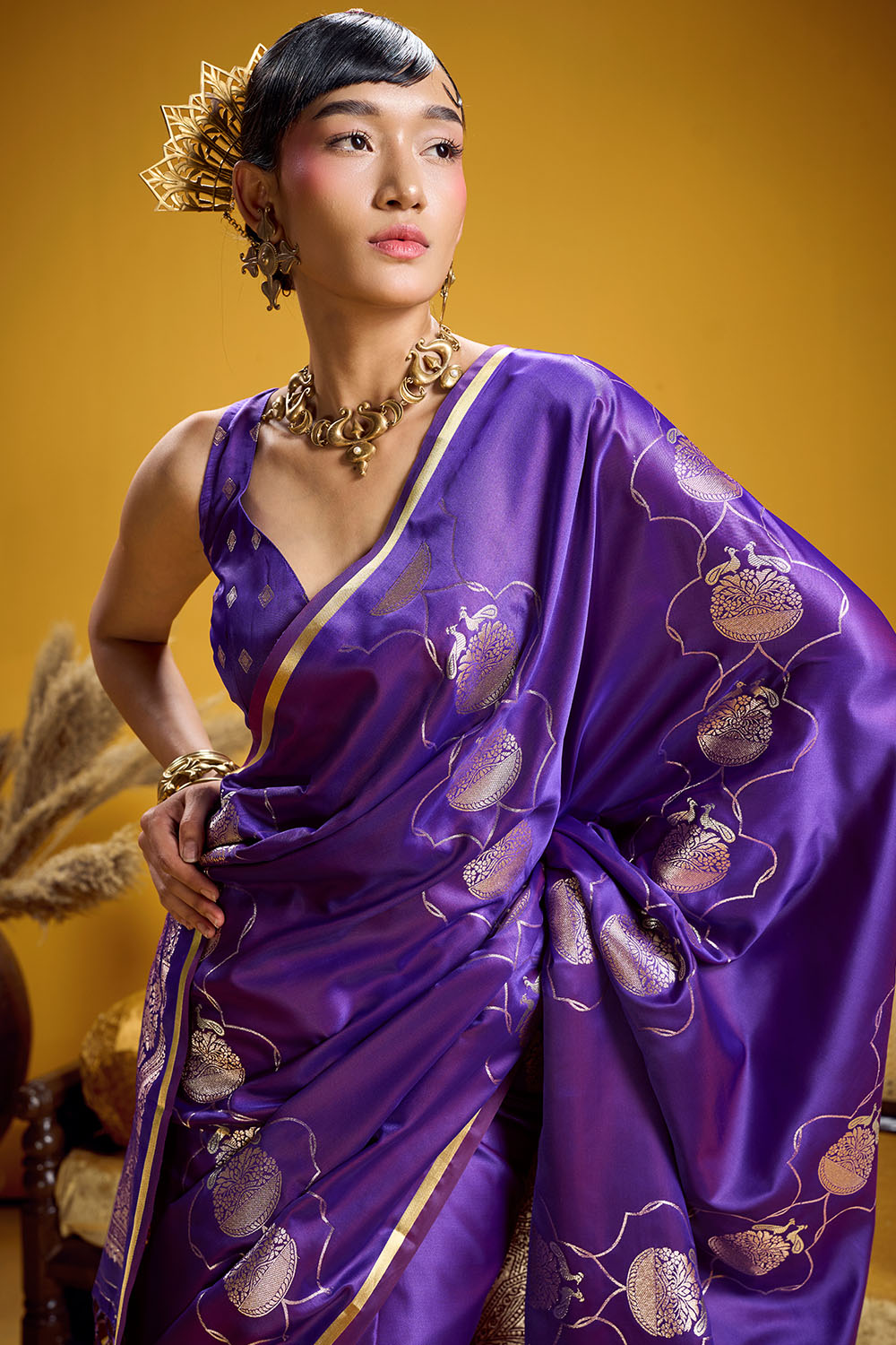 Vama Royal Purple Pure Satin Handloom Weaving Ready to Wear Saree