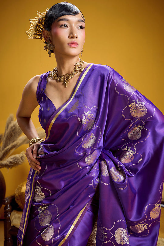 Vama Royal Purple Pure Satin Handloom Weaving Ready to Wear Saree