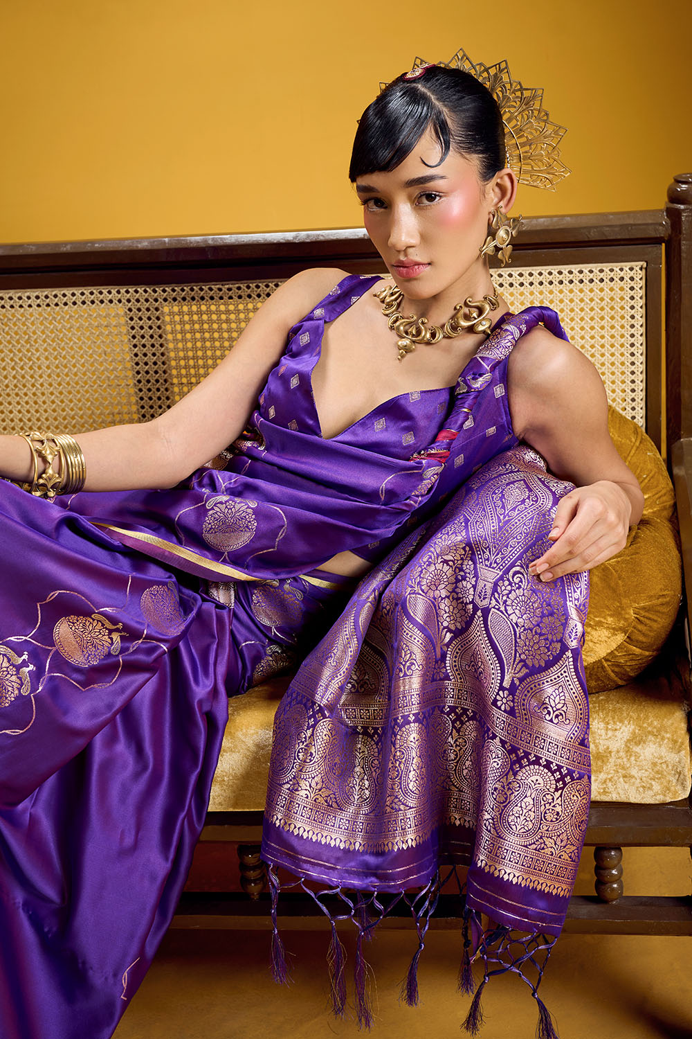 Vama Royal Purple Pure Satin Handloom Weaving Ready to Wear Saree