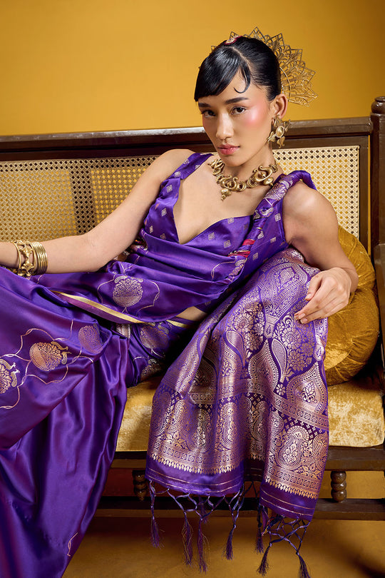 Vama Royal Purple Pure Satin Handloom Weaving Ready to Wear Saree