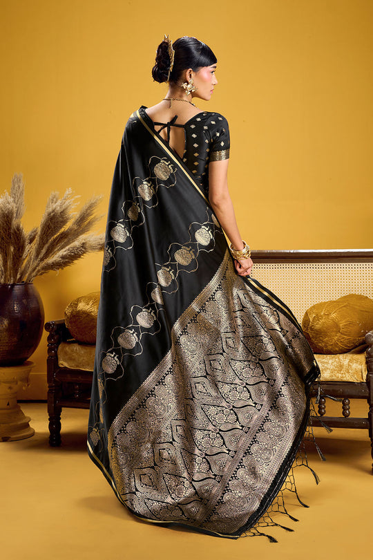 Vama Black Pure Satin Handloom Weaving Ready to Wear Saree