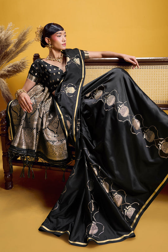 Vama Black Pure Satin Handloom Weaving Ready to Wear Saree
