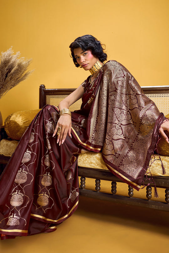 Vama Brown Pure Satin Handloom Weaving Ready to Wear Saree